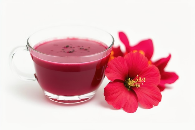 Hibiskusowa herbata w przezroczystym szklanym kubku z kwiatami róży Generative AI
