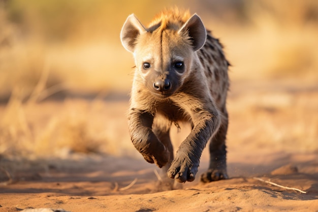 hiena biegnąca przez brudne pole