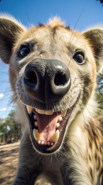 Hiena dotyka kamery robiąc selfie Zabawny selfie portret zwierzęcia