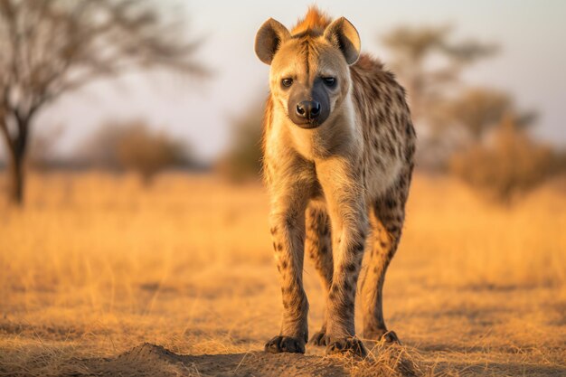 hiena spacerująca po polu suchej trawy