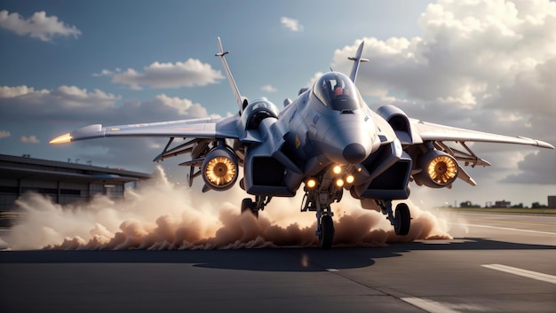High Speed Start Wygeneruj obraz bojowego wojskowego myśliwca szybko startującego z pasa startowego z dużą prędkością, pokazując jego potężne przyspieszenie i dynamiczny ruch