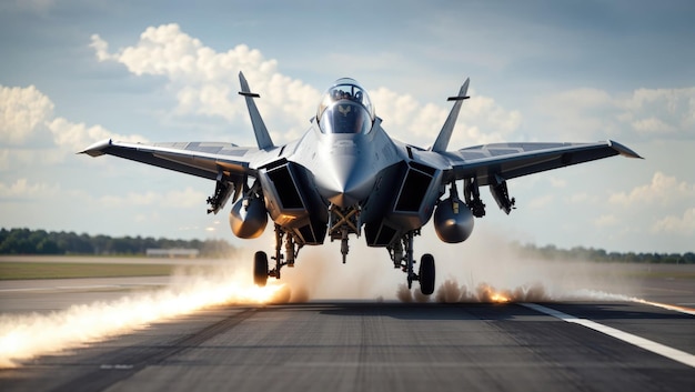 Zdjęcie high speed start wygeneruj obraz wojskowego myśliwca bojowego szybko startującego z pasa startowego z dużą prędkością, pokazując jego potężne przyspieszenie i dynamiczny ruch