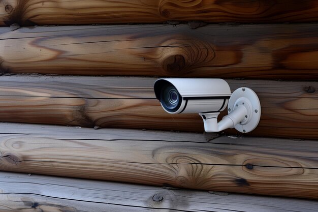 Zdjęcie high-tech kamera bezpieczeństwa na drewnianej ścianie kabiny