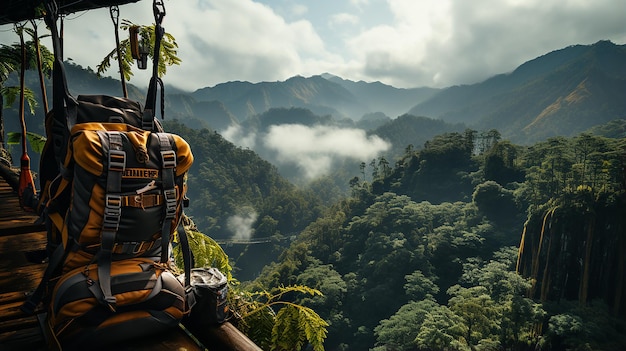 HighAngle Shot of Red and Yellow Ziplining Harness