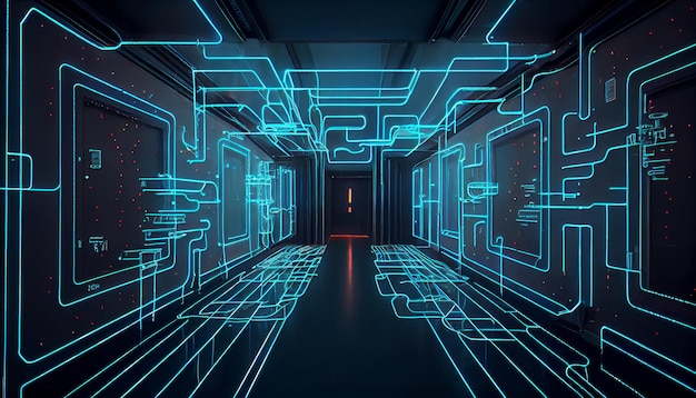 Hightech Cyberpunk Abstrakcyjna Futurystyczna Przestrzeń Technologiczna Tunelu Z Siecią Ogromny Serwer Danych Internet I Szybkie Linie Przez Tunel Nowoczesnej Technologii Generative Ai