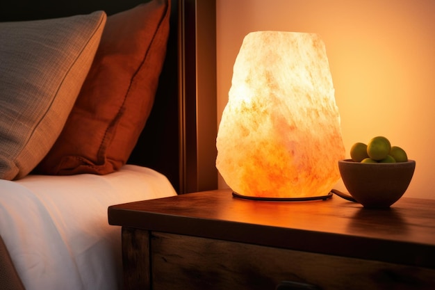 Himalajska lampa solna świecąca na stoliku nocnym