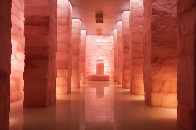 Himalayan Salt Room Bathhouse z świecącymi różowymi ścianami solnymi