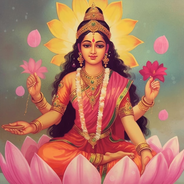 Hinduska bogini laxmi siedząca na generatywnej sztucznej inteligencji lotosu