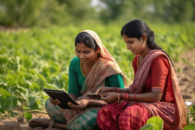 Hinduska używająca tabletów na polu rolnictwa