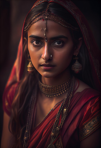 Hinduska w czerwonym sari ze złotym naszyjnikiem i czerwonym sari