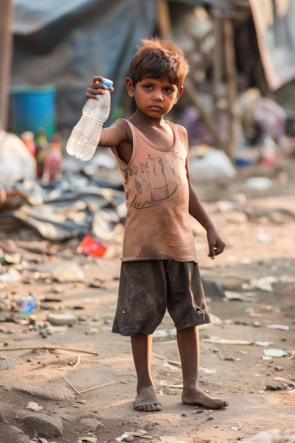 Hinduski chłopiec z butelką wody w slumsie Brak wody kryzys pragnienie Dzień Ochrony Dzieci