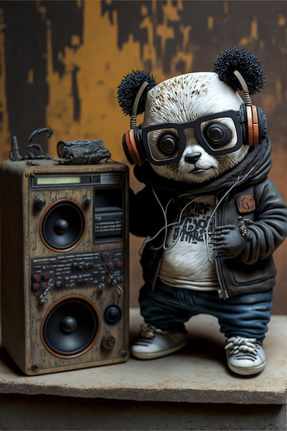 Hip-hopowa panda z odtwarzaczem muzyki retro