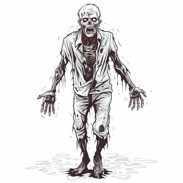 Hiperdetailowa ilustracja nieumarłych zombie w ciemno-białym stylu.