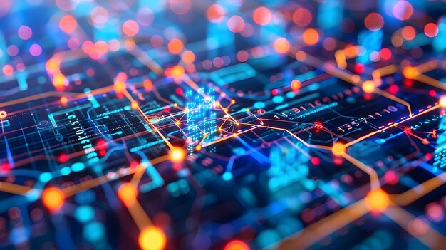 Hiperdetailowa wizualizacja danych blockchain z połączonymi ze sobą węzłami i przepływem informacji