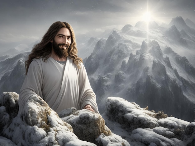 hiperrealistyczna, bardzo szczegółowa fotografia uśmiechniętego Jezusa stojącego na zboczu wzgórza w promieniu czystości