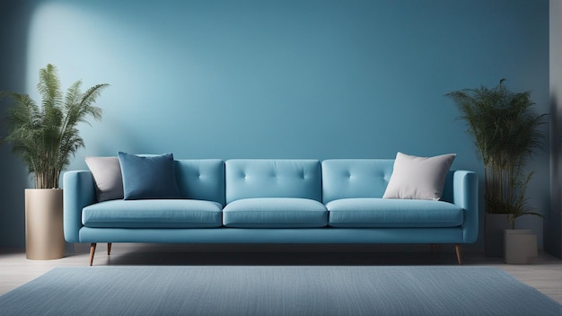 Zdjęcie hiperrealistyczna błękitna sofa z jasnoniebieskim tłem ściany 8k