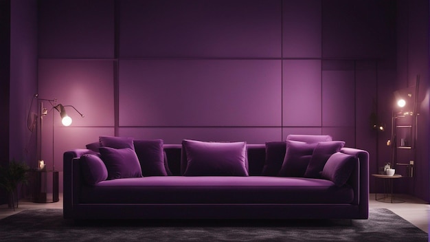 Hiperrealistyczna fioletowa sofa z czarnym tłem ściany 8k