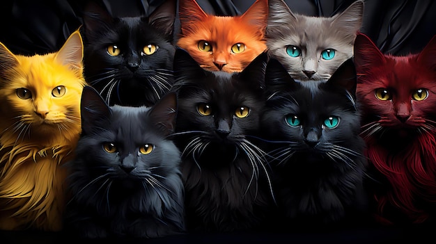 Hiperrealistyczna fotografia kotów Abstrakcyjna hipnotyczna iluzja kotów w wielu kolorach