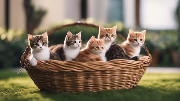 Hiperrealistyczna grupa kotów w koszyku Niebieskie tło