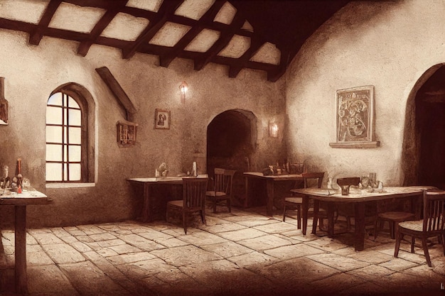 Hiperrealistyczna ilustracja ciemnego, wściekłego, średniowiecznego wnętrza tawerny