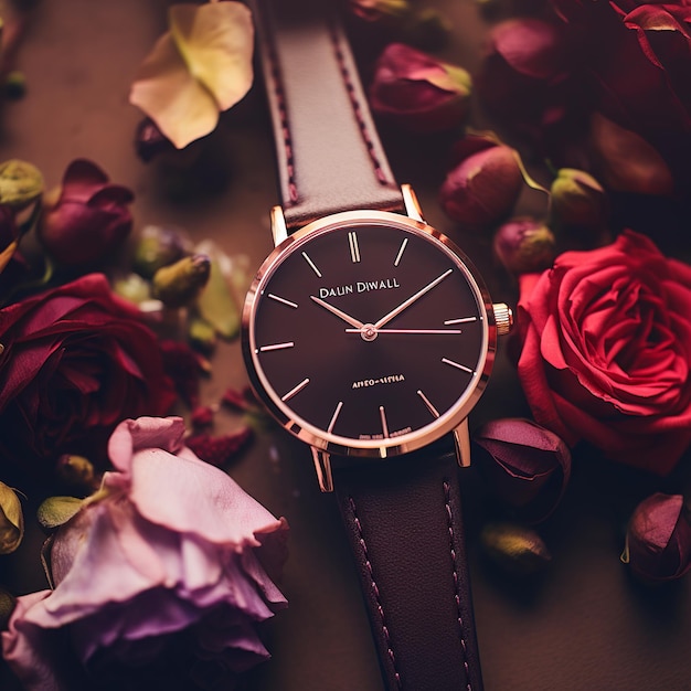 hiperrealistyczna ilustracja przedstawiająca zegarek Daniela Wellingtona z bukietem róż