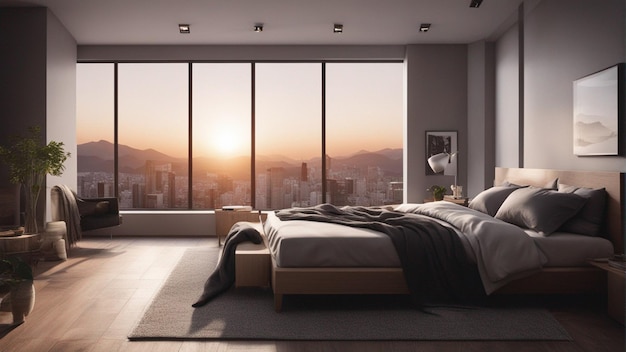 Hiperrealistyczna nowoczesna sypialnia z oknem 8k
