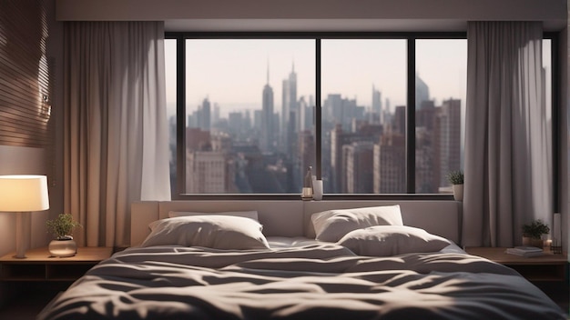 Hiperrealistyczna nowoczesna sypialnia z oknem 8k