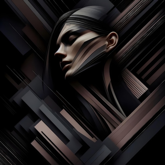 hiperrealistyczna piękna kobieta w ciemnej atmosferze z abstrakcyjnymi liniami i kształtami geometrycznymi