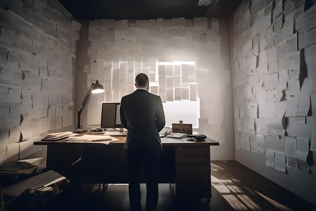 Hiperrealistyczna scena biurowa z mężczyzną przy komputerze grającym w grę wideo, mrocznym informatorem i dokumentami renderowanymi w Unreal Engine