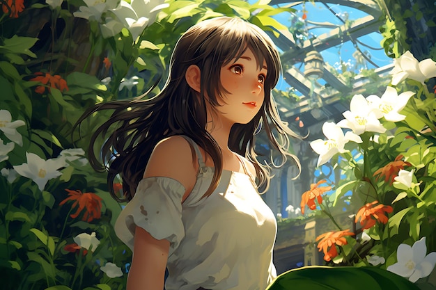 Hiperrealistyczna spokojna dziewczyna z anime w wypełnionym gardenią sanktuarium