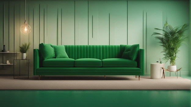 Hiperrealistyczna zielona sofa z jasnozielonym tłem ściany 8k