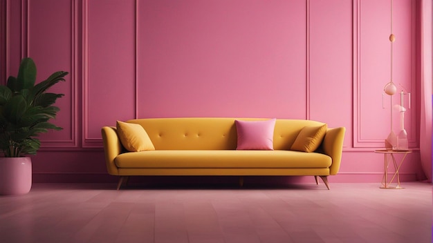 Hiperrealistyczna żółta sofa z różowym tłem ściany 8k