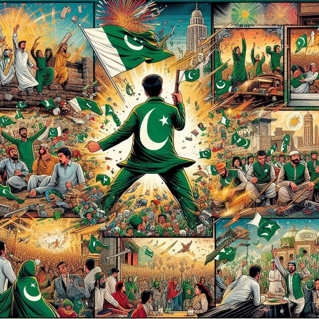 hiperrealistyczne komiksy geniusz różnorodne sceny patriotyzmu ożywają w Dzień Pakistanu