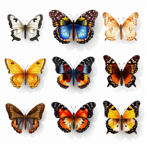 Hiperrealistyczne motyle ilustracje zestaw różnych typów na przezroczystym tle