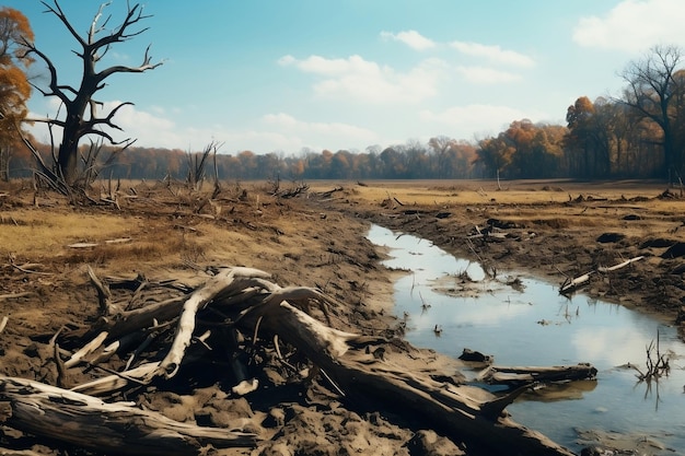 Zdjęcie hiperrealistyczne przedstawienie jałowej rzeki z martwymi drzewami generacyjna sztuczna inteligencja