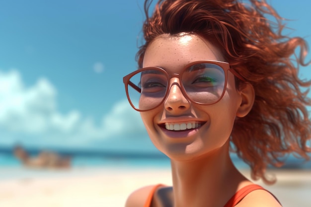 Hiperrealistyczne renderowanie 3D atrakcyjnej kobiety na letniej plaży