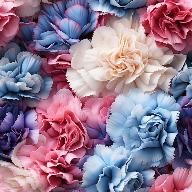Hiperrealistyczne różowo-niebieskie i jasnożółte goździki bezszwowe tapety