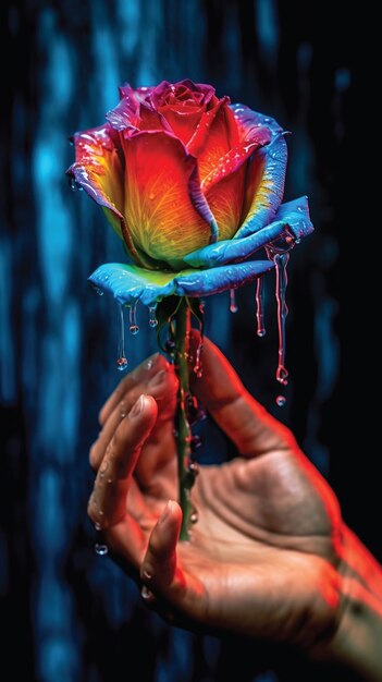 Zdjęcie hiperrealistyczne ultra szczegółowe psychodeliczne zdjęcie dłoni trzymającej kroplę róży generująca sztuczna inteligencja