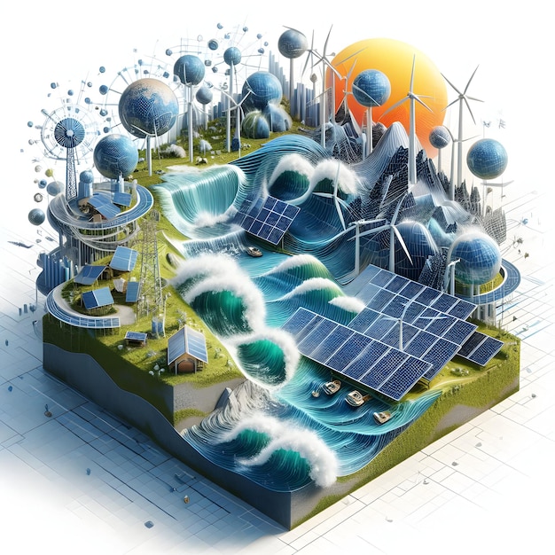 Hiperrealistyczny 3D Renewable Energy Collage Concept artystyczna mieszanka ogniw słonecznych, młynów wiatrowych i h