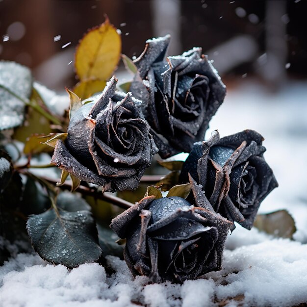 hiperrealistyczny bukiet czarnych róż na śniegu