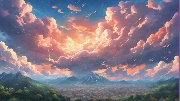 Hiperrealistyczny, gniewny krajobraz w stylu kreskówki z chmurami anime
