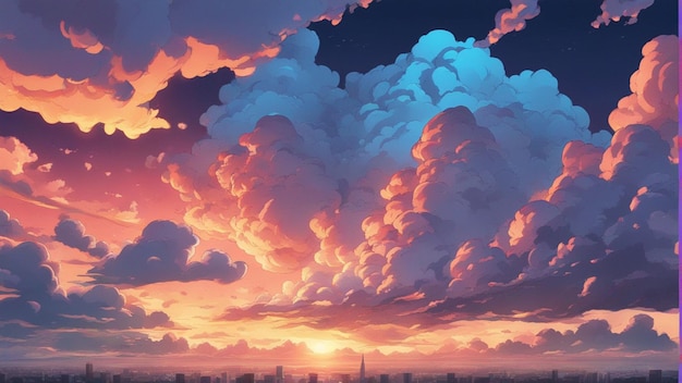 Hiperrealistyczny, gniewny krajobraz w stylu kreskówki z chmurami anime