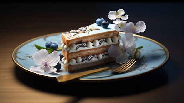 Hiperrealistyczny niebieski ciasto z kwiatami sakury z ozdobnymi szczegółami