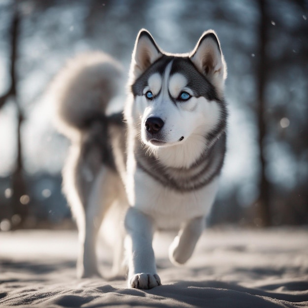 Hiperrealistyczny pies husky syberyjski, całe ciało z białym tłem