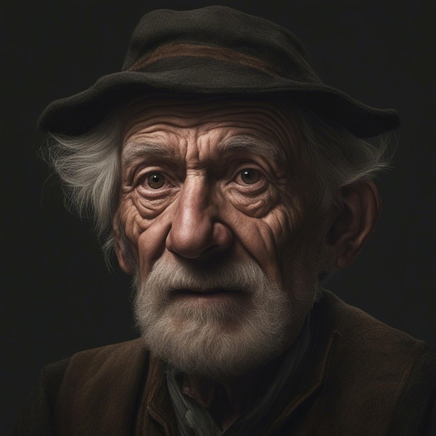 Hiperrealistyczny portret starego mężczyzny odizolowany na ciemnym tle