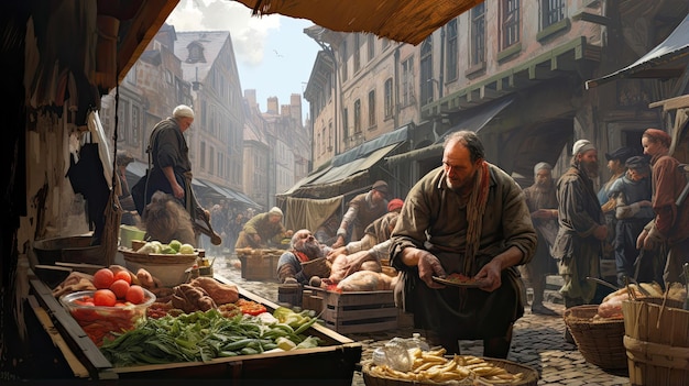 Hiperrealistyczny portret tętniącego życiem europejskiego targu ulicznego