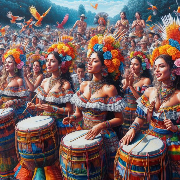 Hiperrealistyczny, przyciągający wzrok niezwykły obraz kolumbijskich festiwali i dziewcząt