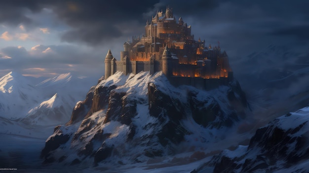 Hiperrealistyczny wspaniały duży zamek twierdzy w zaśnieżonych górach tundry