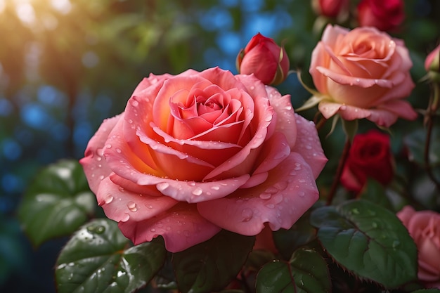 Hipnotyzująca róża uchwycona u szczytu jej piękna z kroplami rosy błyszczącymi na aksamitnych płatkach