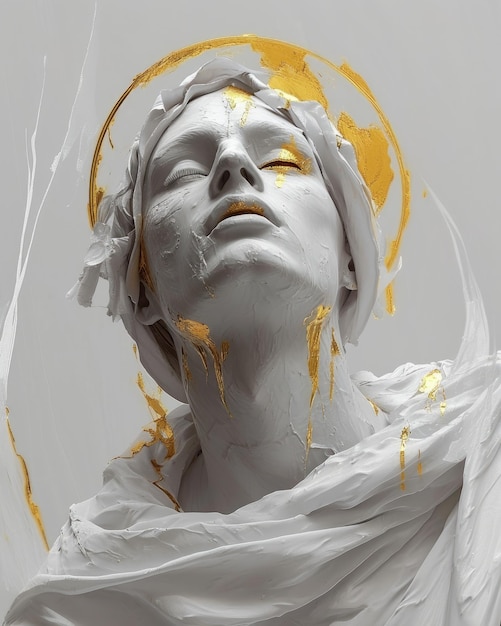 Hipnotyzujące przedstawienie posągu boga ze złotą aureolą boski glitch atrakcja estetyki glitch łączy świętość i nowoczesność w unikalnym i surrealistycznym wyrażeniu artystycznym